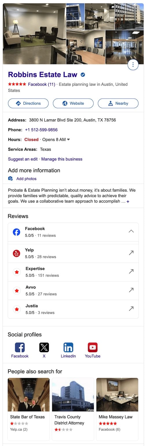Place Results example for place_id: YN873x14475615034754698960 (Law Firm)